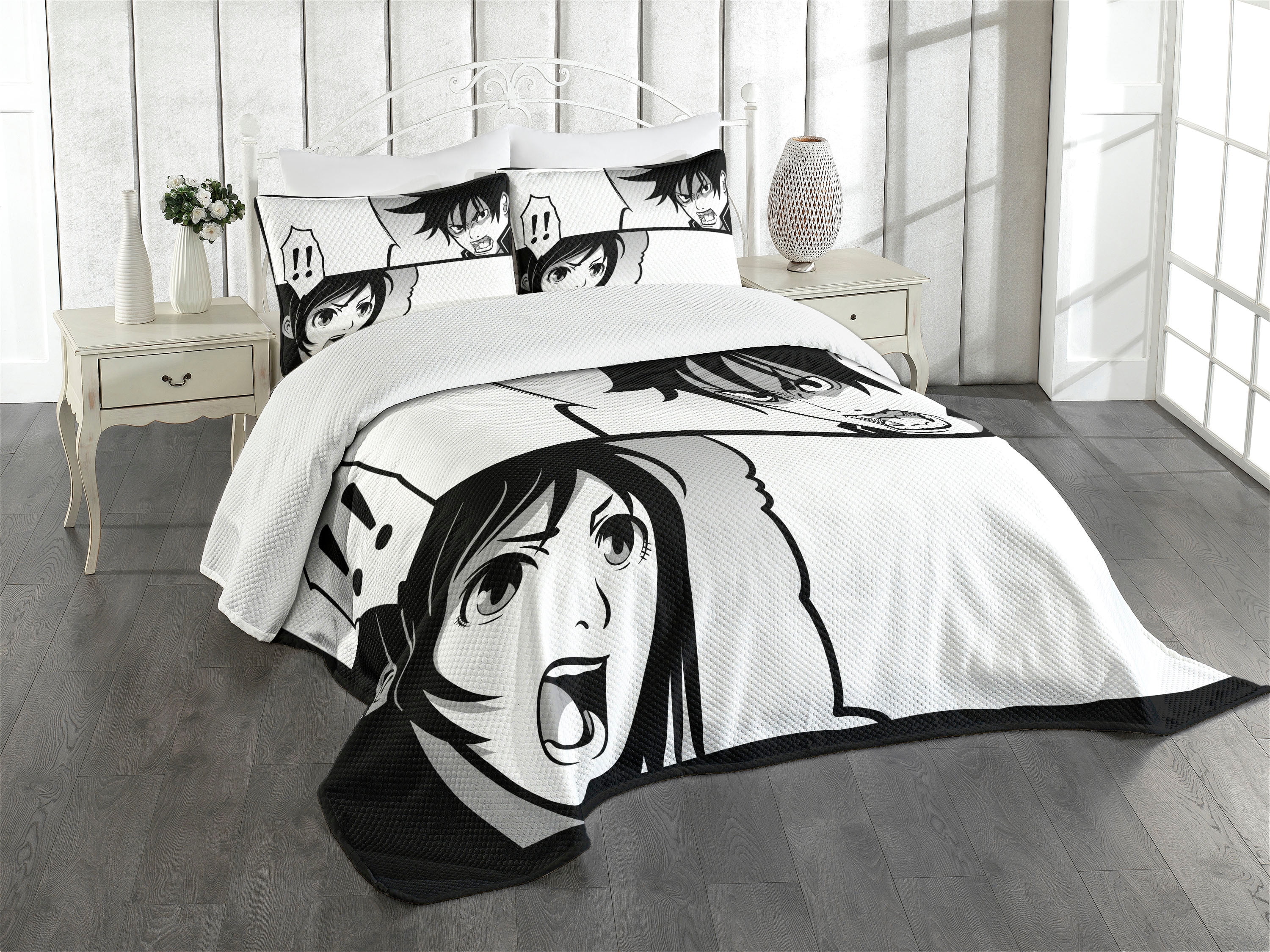 King Size White Quilted Anime Bedspread Set with Pillow Shams