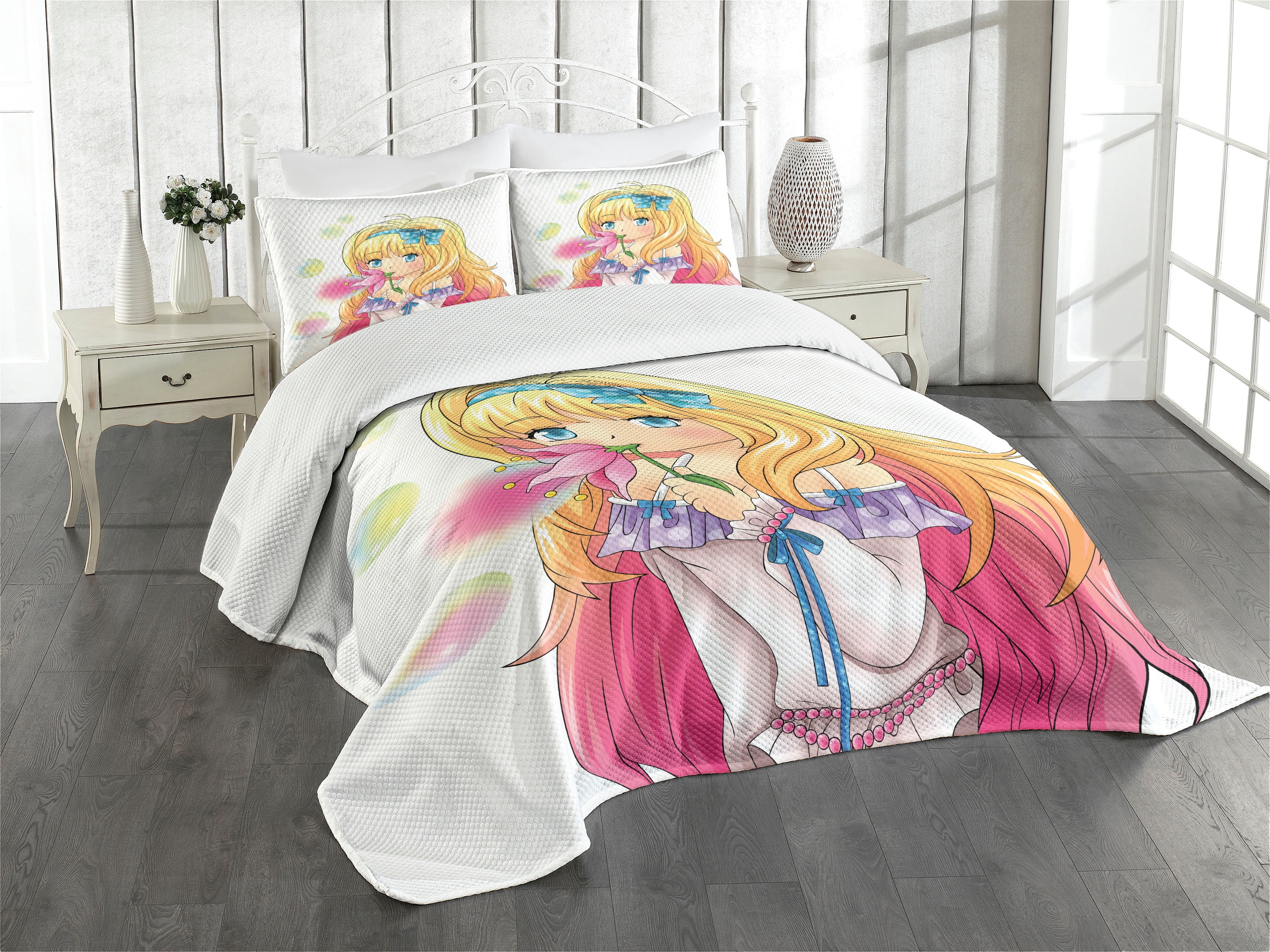 Ambesonne Anime Quilted Bedspread Set 3 Pcs, Manga Cartoon Art, Queen ...