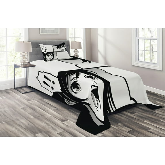 Ambesonne Anime Quilted Coverlet 2 Pcs, Japanese Cartoon Comic, Twin Size, Black White Grey
