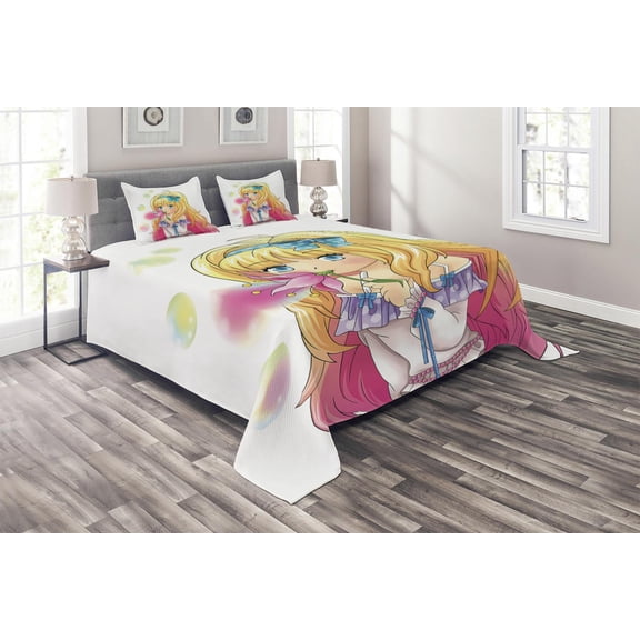 Ambesonne Anime Quilted Coverlet 3 Pcs, Manga Cartoon Art, King Size, Pink Yellow