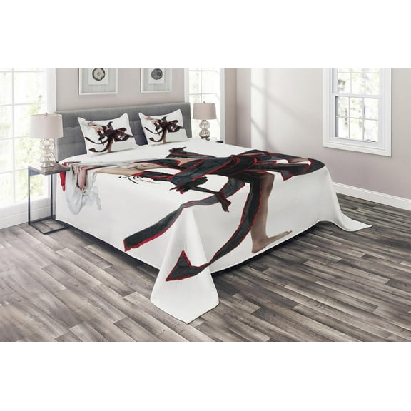 Ambesonne Anime Quilted Coverlet 3 Pcs, Warrior Style Girl, King Size, Red White and Black
