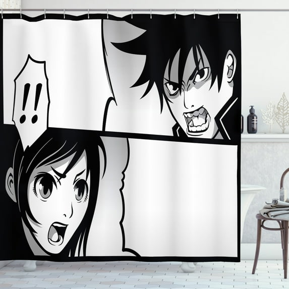 Ambesonne Anime Shower Curtain, Japanese Cartoon Comic, 69"Wx75"L, Black White Grey
