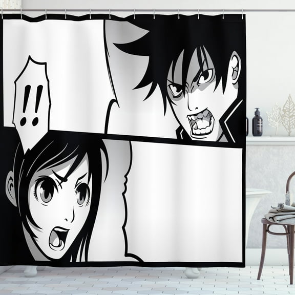 Ambesonne Anime Shower Curtain, Japanese Cartoon Comic, 69"Wx84"L, Black White Grey