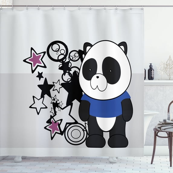 Ambesonne Anime Shower Curtain, Stars Circles Cartoon Panda, 69"Wx75"L, Charcoal Grey and Royal Blue