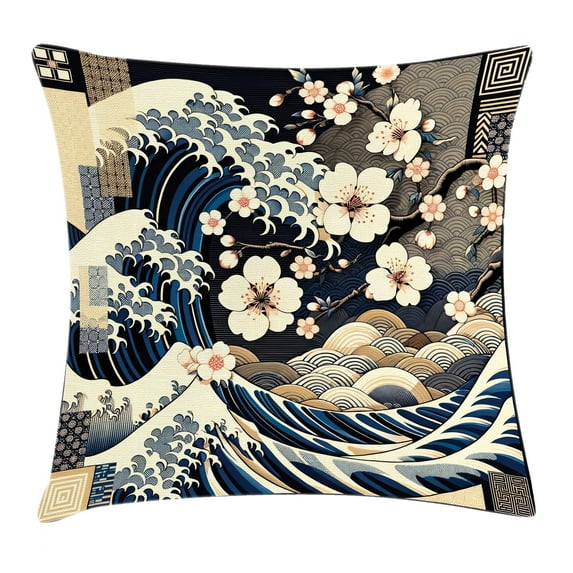 Ambesonne Anime Throw Pillow Cushion Cover, Squama Scale Sakura and Waves, 20" X 20", Taupe Beige Dark Blue