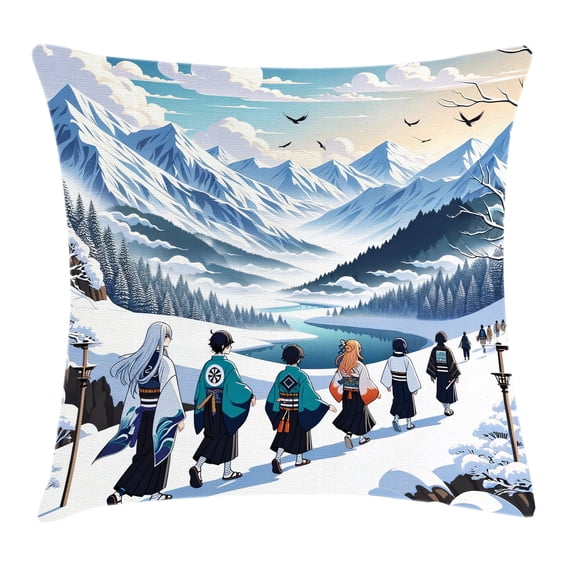 Ambesonne Anime Throw Pillow Cushion Cover, Walking on a Snowy Path Scene, 18" X 18", Blue Teal White