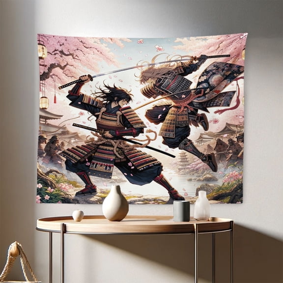 Ambesonne Anime Wall Hanging Tapestry, Challenging Under Sakura Tree, 28"x23", Rose Dark Grey Ecru