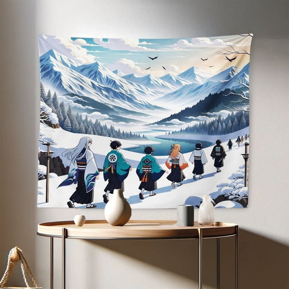 Ambesonne Anime Wall Hanging Tapestry, Walking on a Snowy Path Scene, 28"x23", Blue Teal White