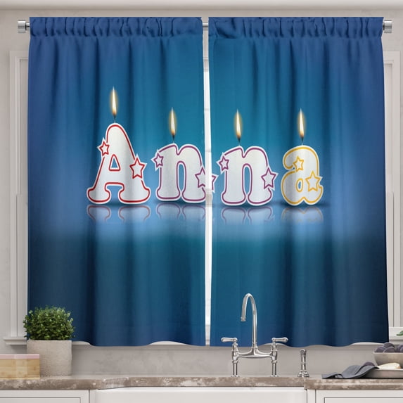 Ambesonne Anna Kitchen Curtains, Birthday Candles Name, 55"x39", Blue and Multicolor