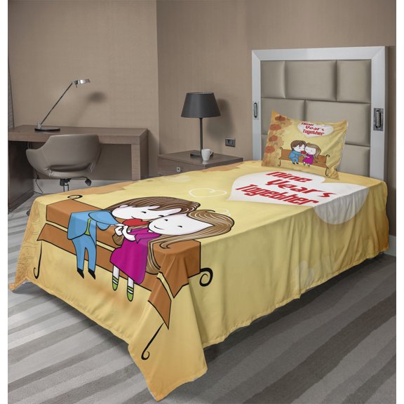 Ambesonne Anniversary Fitted & Top Sheet Set with Sham, 9 Years Together, Multicolor