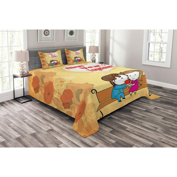 Ambesonne Anniversary Quilted Bedspread Set 3 Pcs, 9 Years Together, Queen Size, Multicolor