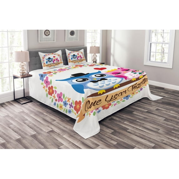 Ambesonne Anniversary Quilted Bedspread Set 3 Pcs, Year Lovers Owls, Queen Size, Multicolor