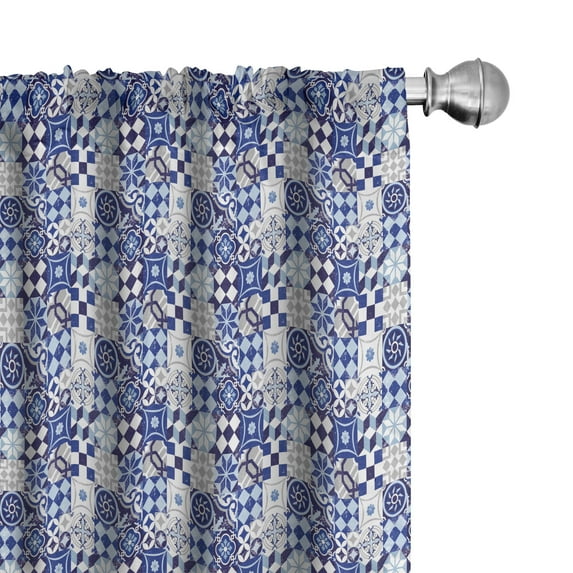 Ambesonne Antique Window Curtains, Traditional Vintage Mosaic, Each 28" W x 63" L, Blue Navy Blue White