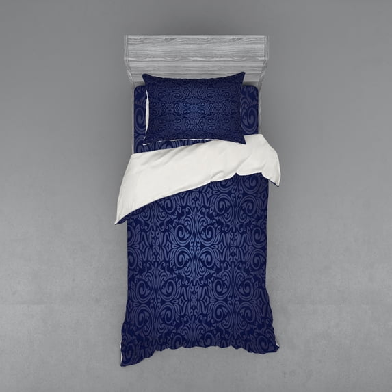 Ambesonne Antique Bedding Set 3 Pcs, Blue Floral Old Design, Twin, Dark Blue