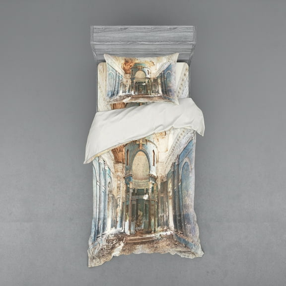 Ambesonne Antique Bedding Set 3 Pcs, Old Vintage, Twin, Petrol Blue Marigold