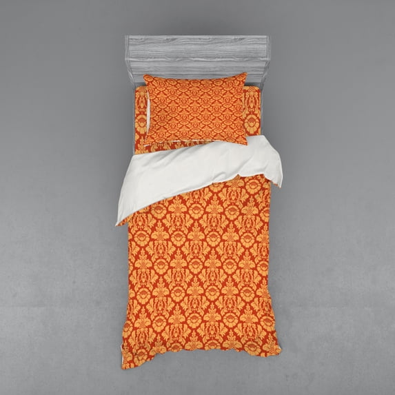 Ambesonne Antique Bedding Set 3 Pcs, Royal Victorian Damask, Twin, Vermilion Orange