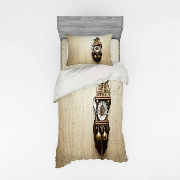 Ambesonne Antique Bedding Set 3 Pcs, Wood Wall Carving Clock, Twin, Brown and Tan