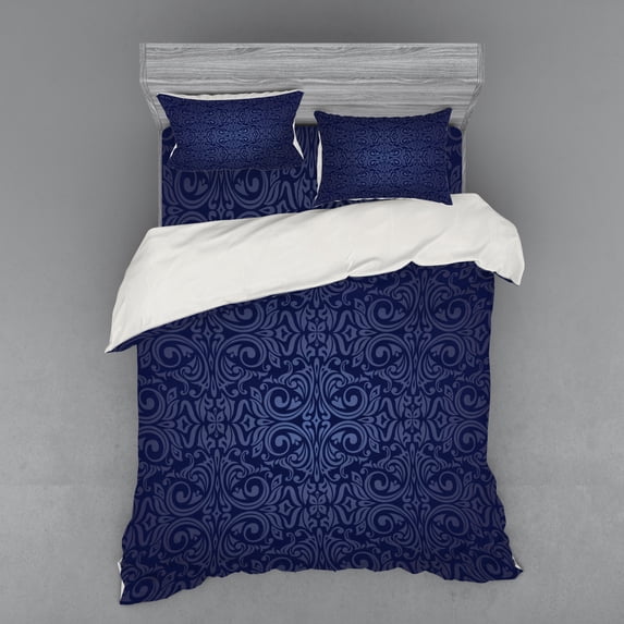 Ambesonne Antique Bedding Set 4 Pcs, Blue Floral Old Design, Queen, Dark Blue