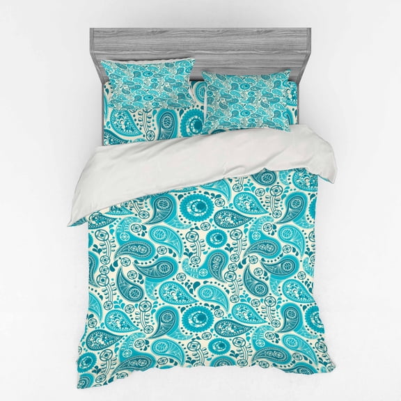 Ambesonne Antique Bedding Set 4 Pcs, Paisley Blue Flowers, Queen, Aqua Teal