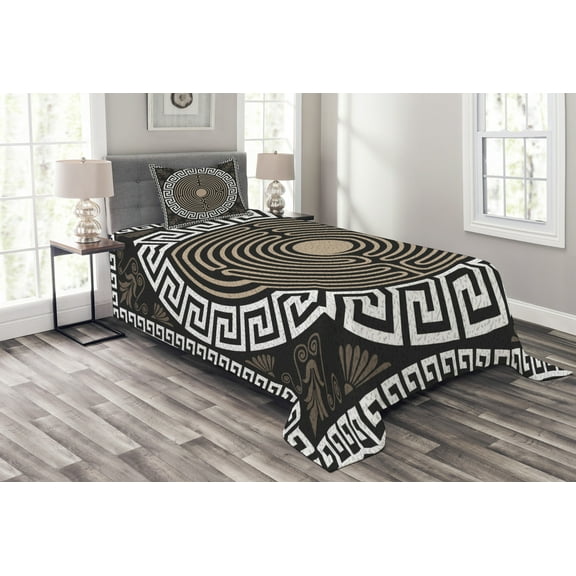 Ambesonne Antique Boho Quilted Bedspread Set 2 Pcs, Wavy Lines Flowers, Twin Size, Dark Brown Coconut Tan