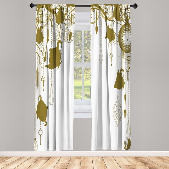 Ambesonne Antique Curtains, Vintage Tea Party Print Art, Pair of 28"x63", Fawn White