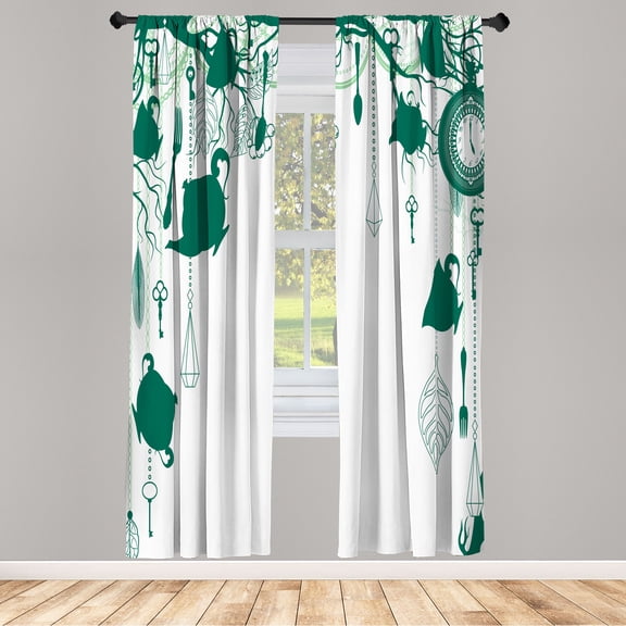 Ambesonne Antique Curtains, Vintage Tea Party Print Art, Pair of 28"x63", Fern Green