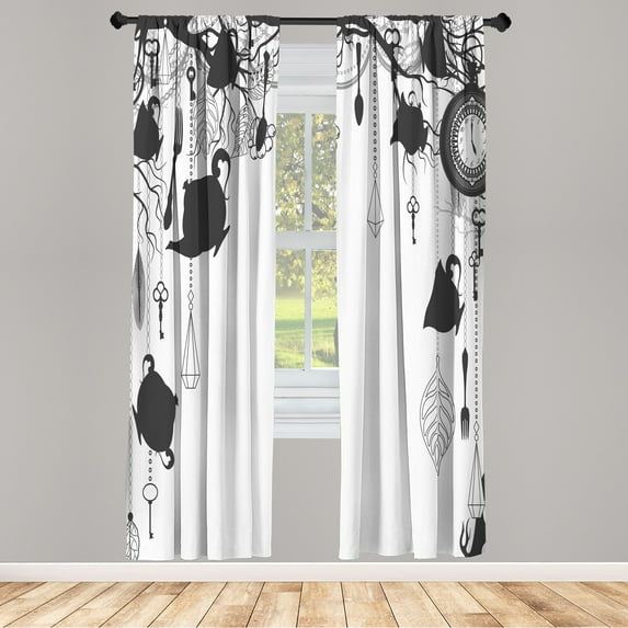 Ambesonne Antique Curtains, Vintage Tea Party Print Art, Pair of 28"x84", Grey White
