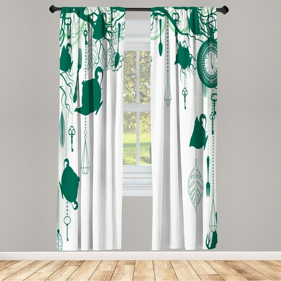 Ambesonne Antique Curtains, Vintage Tea Party Print Art, Pair of 28"x95", Fern Green