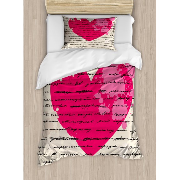 Ambesonne Antique Duvet Cover Set, Love Words Handwriting, Twin, Beige Magenta