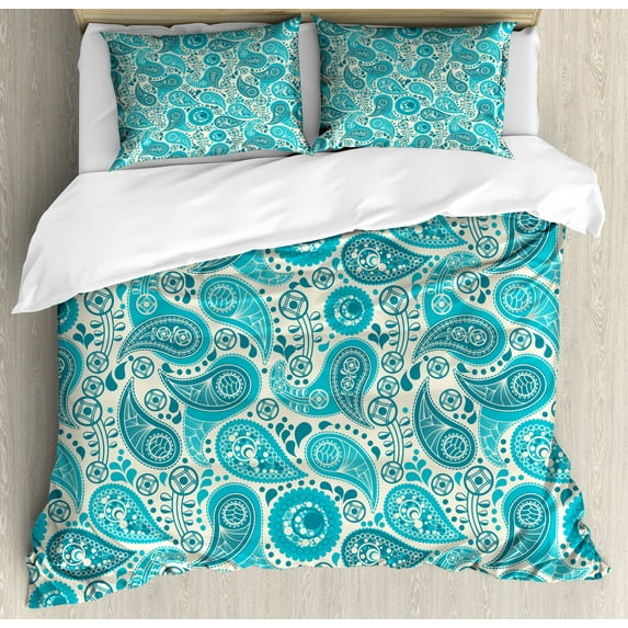 Ambesonne Antique Duvet Cover Set, Paisley Blue Flowers, Calking, Aqua Teal