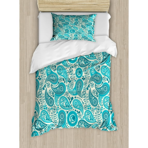 Ambesonne Antique Duvet Cover Set, Paisley Blue Flowers, Twin, Aqua Teal