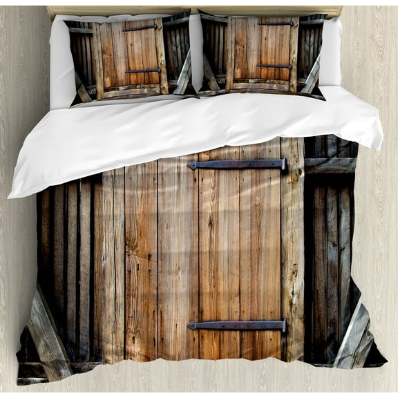 Ambesonne Antique Duvet Cover Set, Rustic Rural Wood Door, 2-Calking, Brown Orange