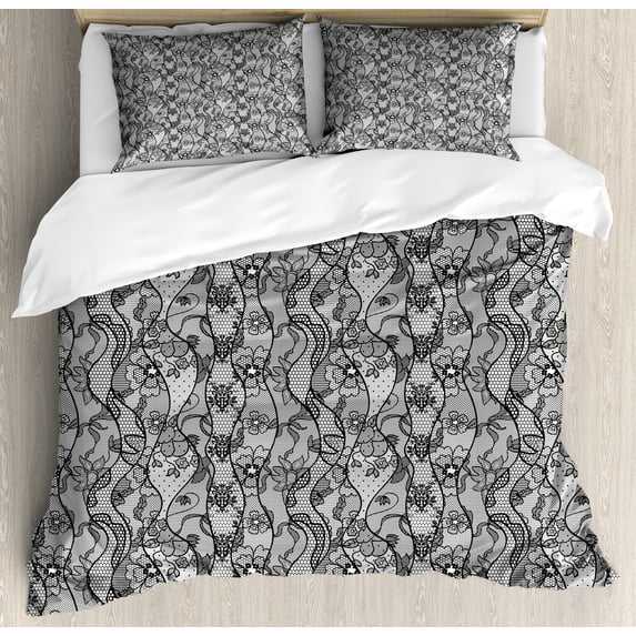 Ambesonne Antique Duvet Cover Sets, Lace Gothic Pattern, 2-King, Grey Black