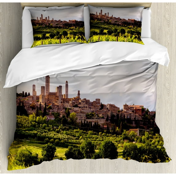 Ambesonne Antique Duvet Cover Sets, Medieval City in Italy, 2-Queen, Green Coral Dust