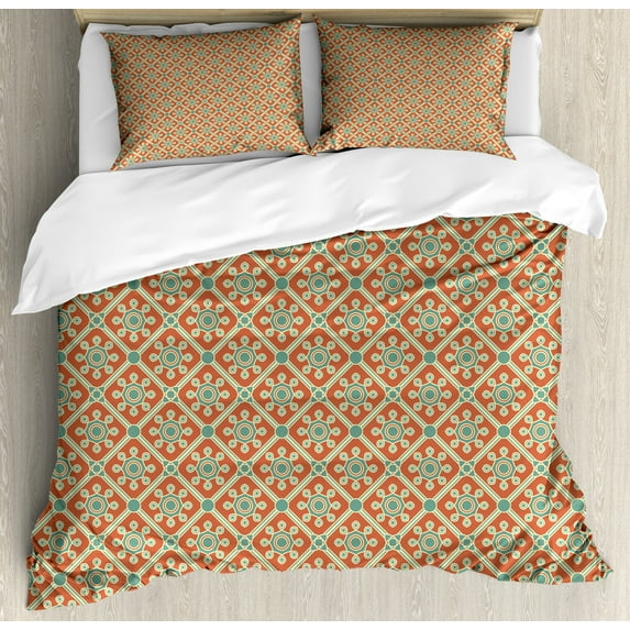Ambesonne Antique Duvet Cover Sets, Swirled Petals, 2-King, Orange Reseda Green