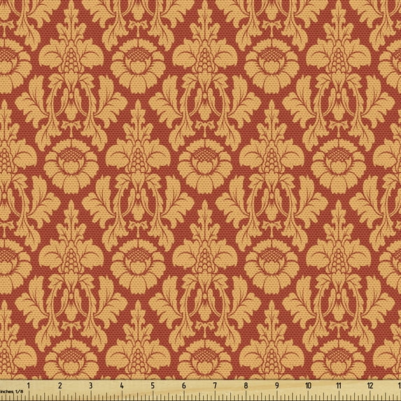 Ambesonne Antique Fabric by the Yard Upholstery, Royal Victorian Damask, 5 Yards, Vermilion Orange