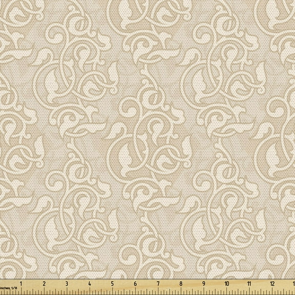 Ambesonne Antique Fabric by the Yard Upholstery, Swirling Flowers, 5 Yards, Beige