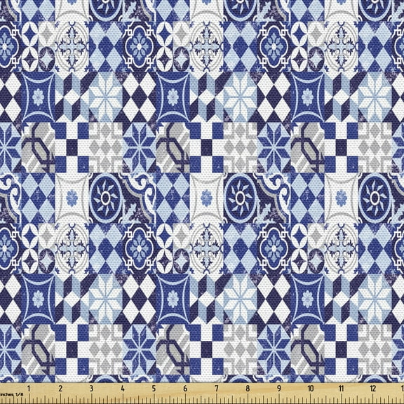 Ambesonne Antique Fabric by the Yard Upholstery, Traditional Vintage Mosaic, 3 Yards, Blue Navy Blue White