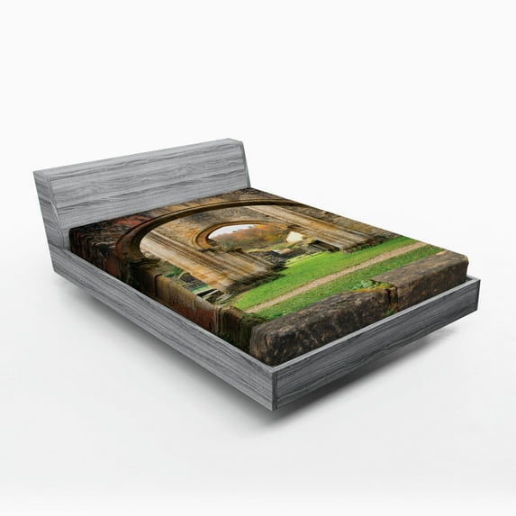 Ambesonne Antique Fitted Sheet, Autumn Ruins View, Full Size, Sand Brown and Green
