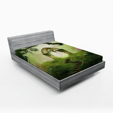 Ambesonne Antique Fitted Sheet, Fantasy Door in Forest View, Queen Size, Pale Green and Green