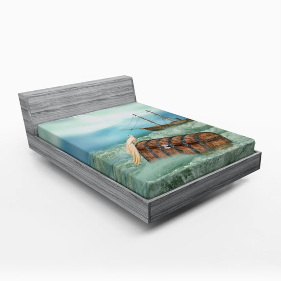 Ambesonne Antique Fitted Sheet, Old Trunk Ocean Waves, Full Size, Mint Green Pale Caramel