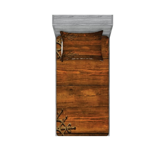 Ambesonne Antique Fitted Sheet & Pillow Sham Set, Gothic Style Ornaments, Twinxl, Dark Rosewood