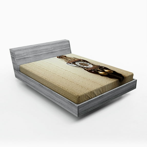 Ambesonne Antique Fitted Sheet, Wood Wall Carving Clock, Queen Size, Brown and Tan