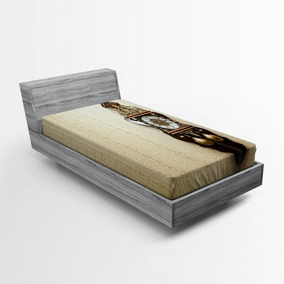 Ambesonne Antique Fitted Sheet, Wood Wall Carving Clock, Twin Size, Brown and Tan