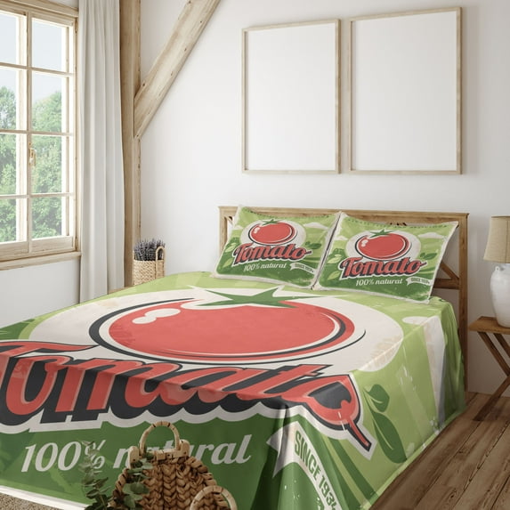 Ambesonne Antique Fitted & Top Sheet Set with Shams, Vintage Tomato Poster, Green Red