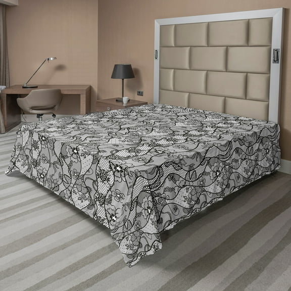 Ambesonne Antique Flat Sheet, Lace Gothic Pattern, Queen Size, Grey Black