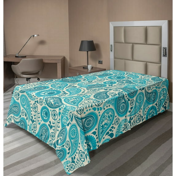 Ambesonne Antique Flat Sheet, Paisley Blue Flowers, Twin Size, Teal and Aqua