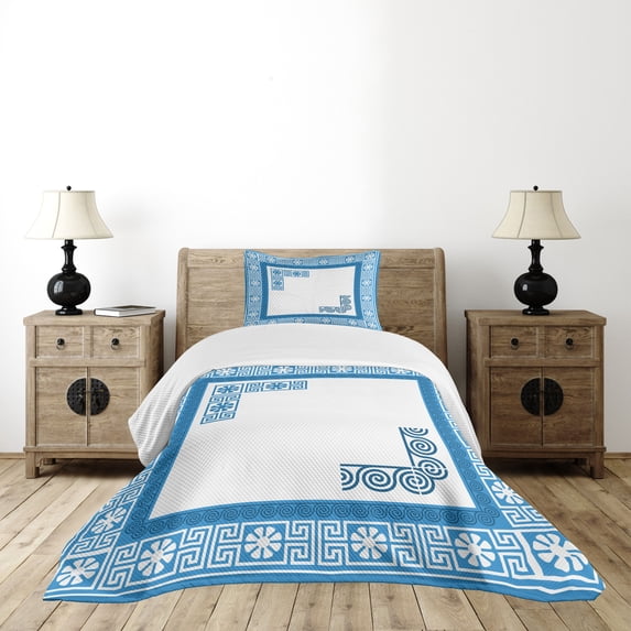 Ambesonne Antique Floral Quilted Bedspread Set 2 Pcs, Neo Classical Lines, Twin Size, White and Blue