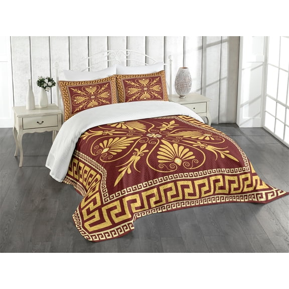 Ambesonne Antique Floral Quilted Bedspread Set 3 Pcs, Old Fashioned Design, Queen Size, Yellow and Ruby