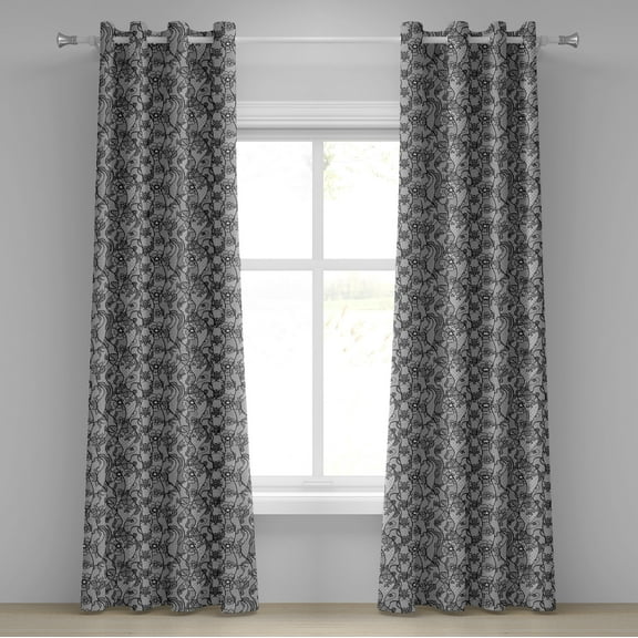 Ambesonne Antique Grommet Curtain, Lace Gothic Pattern, 50" x 96", Grey Black